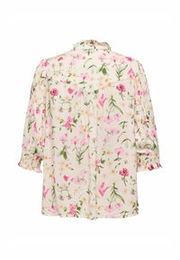 Blouse à motif floral en crème, ornée de fleurs roses et vertes. Poignets smockés et détail d'encolure à volants. Coupe ample.