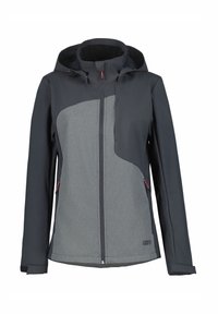 Giacca impermeabile, pannelli grigio scuro e grigio chiaro, chiusura con zip, cappuccio regolabile, tasche laterali, design elegante con accenti a contrasto.