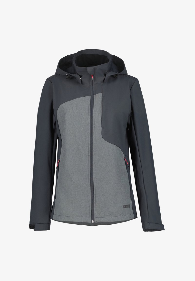 Waterproof jacket, dark gray and light gray panels, zip closure, adjustable hood, side pockets, sleek design with contrasting accents.