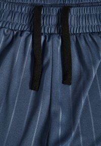 Blaue Herren-Sportshorts mit strukturierter Oberfläche, vertikalen weißen Nadelstreifen, elastischem Bund und schwarzen Kordeln.