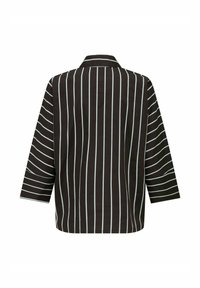 Losse shirt met een donkerbruine basis en lichtblauwe verticale strepen. Heeft een kraag en driekwartmouwen. Zacht materiaal.