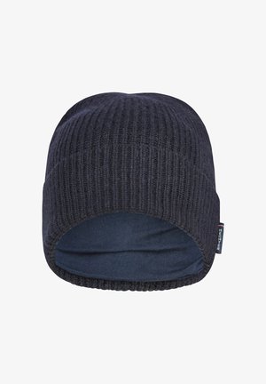 Donkerblauwe gebreide muts met een geribbelde structuur. Voorzien van een opgerolde rand en een subtiel logolabel aan de zijkant. Zacht, warm materiaal.