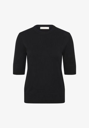 Melna īss piedurkņu trikotāžas topi ar ribotu apaļu apkakli, piedurknēm un apakšu, attēlots uz vienkrāsaina balta fona.