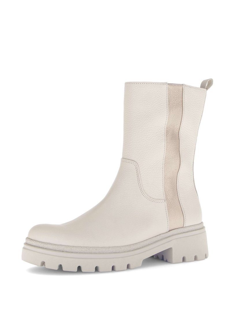 White leather ankle boot with textured finish, contrasting beige side panel, rounded toe, and chunky rubber sole with tread pattern.