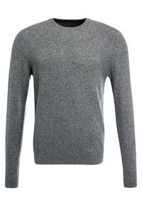 Grau gestrickter Pullover mit einem Rauten-Muster, Rundhals, langen Ärmeln und gerippten Bündchen und Saum. Hergestellt aus strukturiertem Stoff.