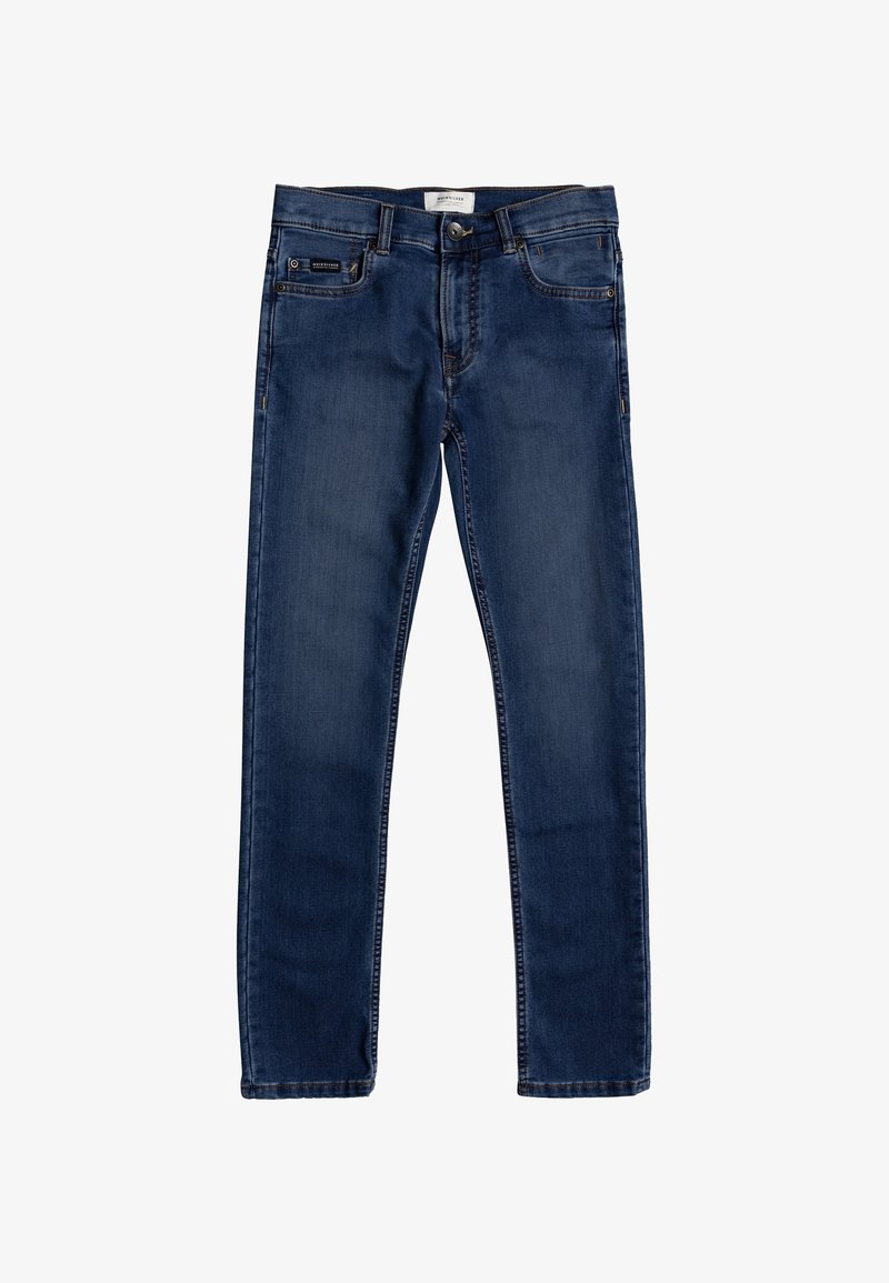 Jean slim bleu foncé avec bouton et fermeture éclair sur le devant, passants de ceinture et cinq poches, posé à plat sur un fond blanc.