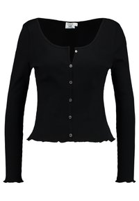 Schwarze, gerippte Langarm-Cardigan mit Rundhalsausschnitt, fünf Knopfverschluss und gewelltem Saum. Verfügt über ein figurnahes Design und eine weiche Textur.