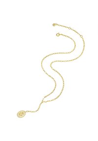 Kuldse tooniga metallkaelakee, millel on piklik ovaalne lingiketid ja ripats, millel on detailselt reljeefne muster. Sile pind.