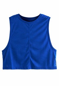 Blå kort tanktop i glat stof med et bølgemønster, der har en rund halsudskæring, brede ærmegab og subtil branding på siden.
