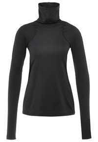 Černý top s dlouhým rukávem a rolákem, který má přiléhavý střih, hladkou texturu a ploché švy pro pohodlí. Vyrobený z elastické, prodyšné látky.