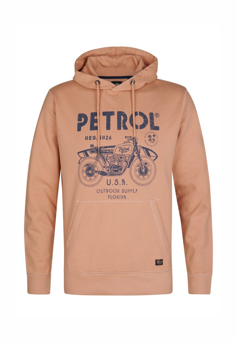 Sudadera con capucha de color melocotón, con un bolsillo tipo canguro en el frente, gráfico de motocicleta impreso en azul y texto, y capucha ajustable con cordón.