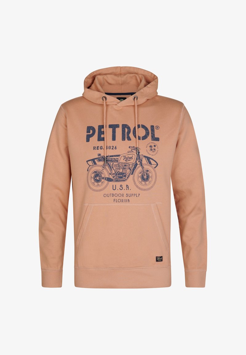 Sudadera con capucha de color melocotón, con un bolsillo tipo canguro en el frente, gráfico de motocicleta impreso en azul y texto, y capucha ajustable con cordón.
