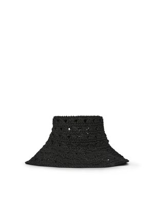 Black wide-brim bucket hat with open-knit crochet pattern and soft texture displayed on a white background.