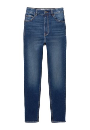 Blauwe spijkerbroek met een rechte pasvorm, vijf zakken en contrasterende stiksels. Voorzien van een knoopsluiting en riemlussen.
