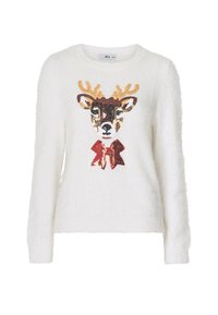 Luchtige witte trui met een rendierdesign met pailletten in zwart, goud en rood, benadrukt door een rode strik bij de hals. Ronde halslijn, lange mouwen.