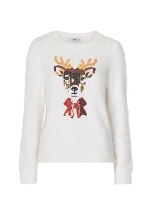 Luchtige witte trui met een rendierdesign met pailletten in zwart, goud en rood, benadrukt door een rode strik bij de hals. Ronde halslijn, lange mouwen.