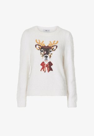 Luchtige witte trui met een rendierdesign met pailletten in zwart, goud en rood, benadrukt door een rode strik bij de hals. Ronde halslijn, lange mouwen.