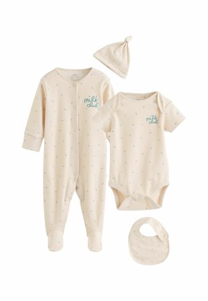 Cream baby outfit set with footed romper, short-sleeve bodysuit, hat, and bib, all with small blue dots and "milk club" text on chest.