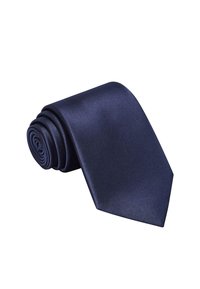 Cravatta in satin blu navy, arrotolata strettamente. Texture liscia, design classico con un'estremità larga e punta appuntita, che mostra una leggera lucentezza.