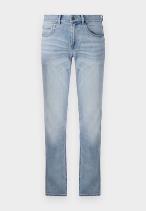 Light blue denim jeans with a straight leg design, featuring subtle fading, a button closure, and two front pockets.