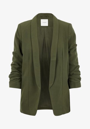 Olivově zelený cropped blazer s nařasenými rukávy a upraveným límcem značky Pieces.