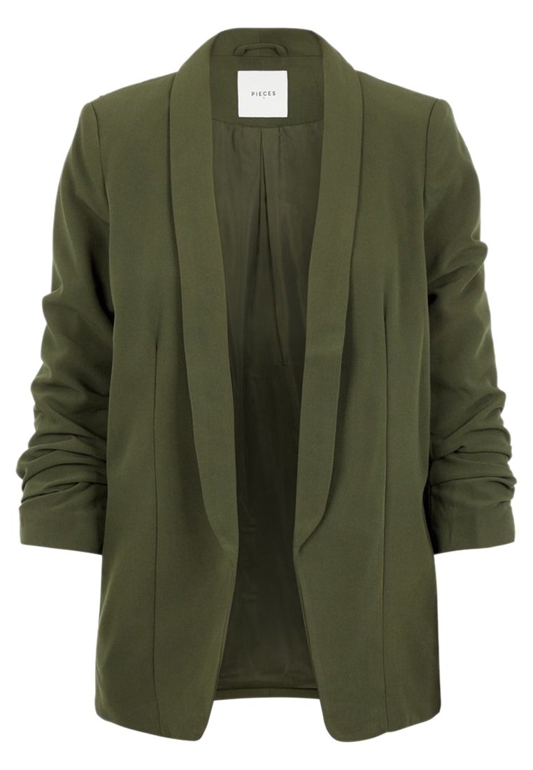 Olivově zelený cropped blazer s nařasenými rukávy a upraveným límcem značky Pieces.