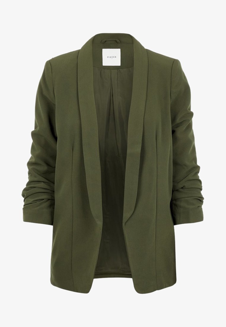 Olivově zelený cropped blazer s nařasenými rukávy a upraveným límcem značky Pieces.