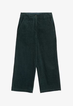 Ciemnozielone szerokie spodnie z korduroy z pionowymi żeberkami, dwoma bocznymi kieszeniami i zapięciem na guzik w talii.