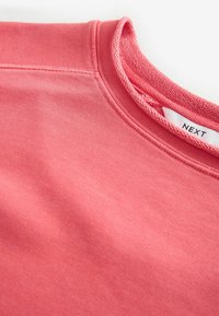 Roze sweatshirt met een ronde hals, gladde textuur en geribbelde halslijn. "NEXT" label zichtbaar binnen de kraag.