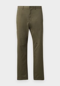 Olive green trousers made of cotton, featuring a straight cut, front pockets, a button closure, and a smooth texture.
