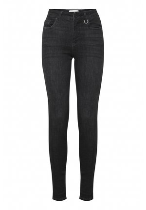 Čierne skinny džínsy vyrobené z denimu, so zvýšeným pásom, dizajnom s piatimi vreckami a zapínaním na gombík s detailom v podobe slučky na prednej strane.