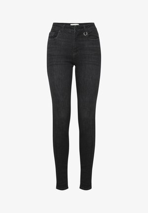 Mustat skinny farkut, joissa on korkea vyötärö, viisi taskua ja nappikiinnitys, jossa on silmukkadetaili edessä.