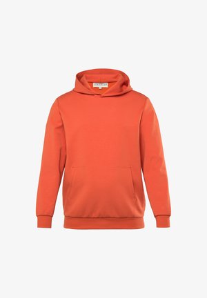 Orange hoodie made of soft fabric, featuring a kangaroo pocket, ribbed cuffs, and a drawstring hood. Smooth texture, casual design.