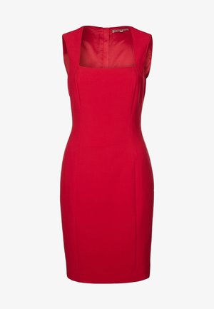 Robe rouge ajustée avec un décolleté carré, sans manches et longueur genou. Fabriquée dans un tissu lisse, elle se caractérise par des lignes épurées et un minimum de détails.