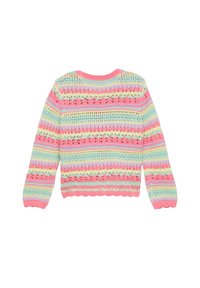 Häkelpullover mit mehrfarbigen Streifen in Pink, Mint, Gelb und Lavendel. Rundhalsausschnitt, lange Ärmel, gewellter Saum.