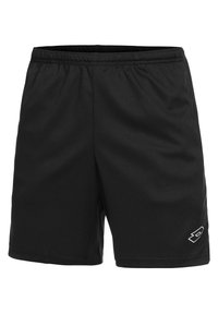 Sorte atletiske shorts lavet af letvægtsmateriale, med en elastisk talje og et lille hvidt logo på nederste venstre side.