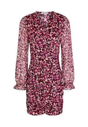 Langärmeliges Minikleid mit pinkem, schwarzem und weißem abstraktem Blattmuster, geraffter Taille, V-Ausschnitt und durchscheinenden Puffärmeln mit Rüschensaum.