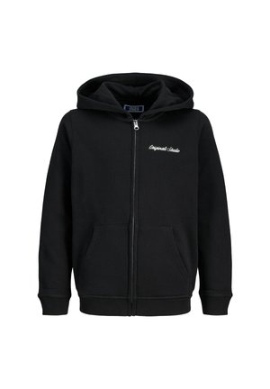Black zip-up hoodie with front pockets, ribbed cuffs and hem, hood, and white "Originals Studio" text on the chest.