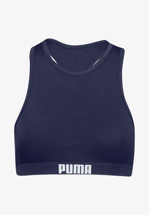 Marineblaue Sport-BH aus dehnbarem Stoff, mit Rundhalsausschnitt, Racerback-Design und einem weißen "PUMA"-Logo am Bund.