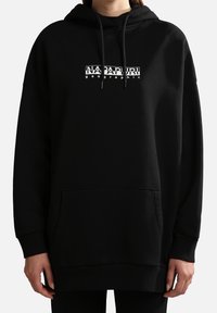 Sudadera negra de gran tamaño con un bolsillo frontal, capucha con cordón y logo impreso en blanco "Napapijri Geographic" en el pecho. Tela de algodón.