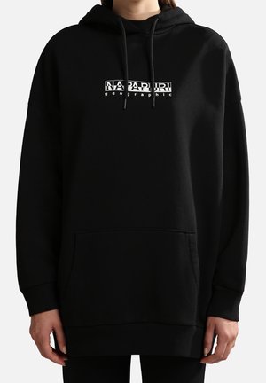Sudadera negra de gran tamaño con un bolsillo frontal, capucha con cordón y logo impreso en blanco "Napapijri Geographic" en el pecho. Tela de algodón.