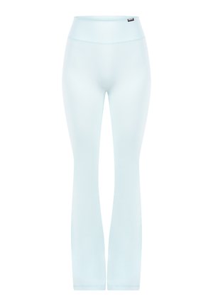 Lichtblauwe sportlegging met een hoge taille, een gladde textuur, een aansluitend ontwerp en een uitlopende zoom. Geen zichtbare patronen of hardwaredetails.