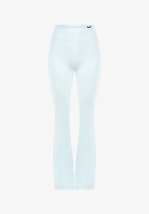 Lyseblå træningsleggings med høj talje, glat tekstur, tætsiddende design og udvidet kant. Ingen synlige mønstre eller hardware-detaljer.