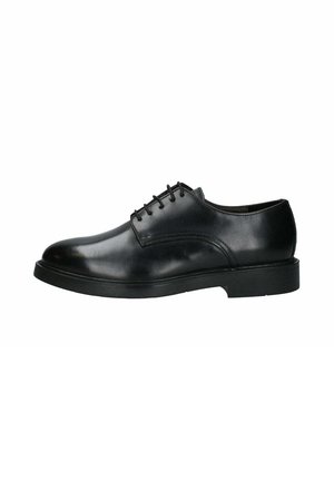 Scarpe nere in pelle con lacci, dalla finitura liscia, punta arrotondata e suola in gomma bassa. Presentano cuciture sottili ed elementi di design classico.