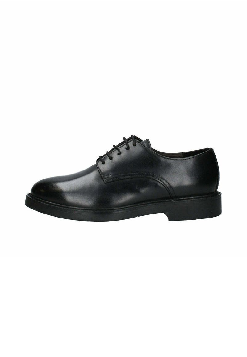 Scarpe nere in pelle con lacci, dalla finitura liscia, punta arrotondata e suola in gomma bassa. Presentano cuciture sottili ed elementi di design classico.