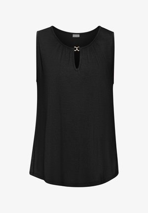 Top sans manches noir en tissu doux, avec un col rond et un petit détail en keyhole, ainsi qu'un accent doré au centre.