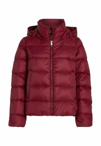 Kurtka puchowa w kolorze burgundowym z wysokim kołnierzem, z przodu z zamkiem błyskawicznym i przyczepionym kapturem. Posiada pikowane części oraz gładką, połyskującą fakturę.