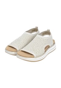 Sandales ouvertes légères avec un dessus en tissu blanc tissé, semelle intérieure beige rembourrée et semelle en caoutchouc à rayures blanches. Idéales pour les temps chauds.