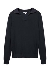 Maglione lungo blu scuro a maniche lunghe realizzato in tessuto testurizzato, con scollatura a V e colletto a contrasto. Vestibilità casual con polsini e orlo a costa.