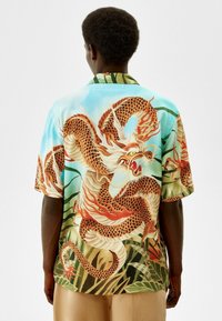 Košile s krátkým rukávem s barevným motivem draka, převážně modrá s přírodními tóny, texturovaná tkanina a zakřivený lem.